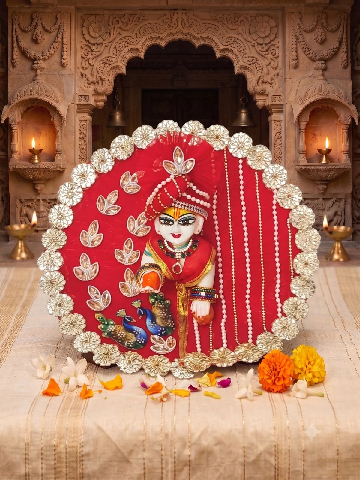 Laddu Gopal idol dressed in a red asymmetric zari poshak with pearl strings and golden mukut